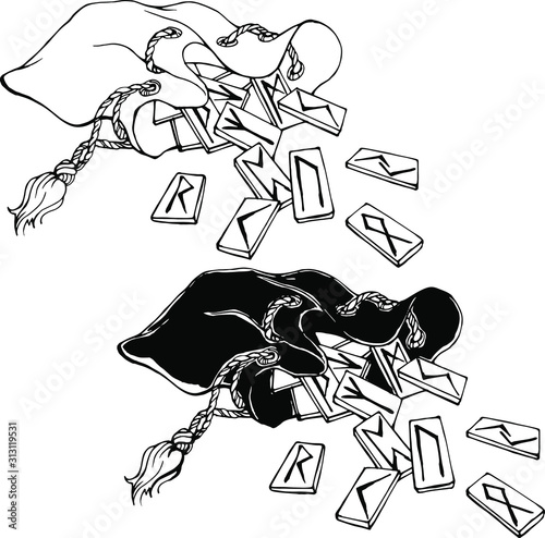 Vector hand drawn monochrome illustration of bag with runes . Mysticism, divination, predictions, occultism. Black and white graphic, linear and with silhouette.