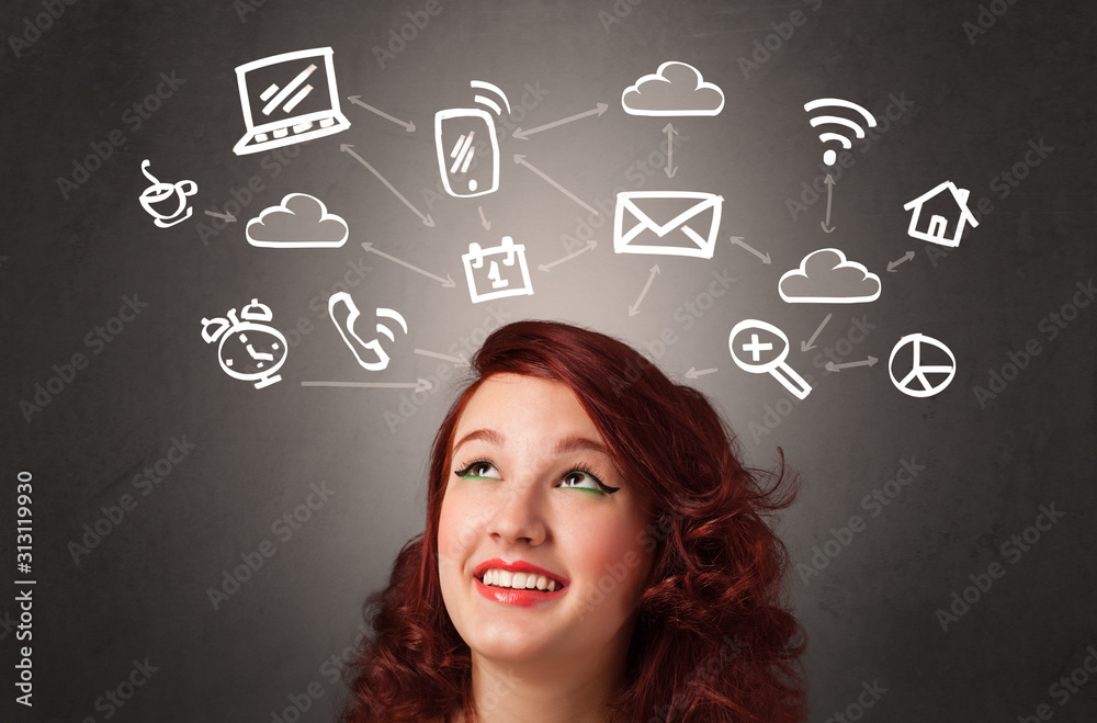 Pretty girl with drawn media icons above her head Pretty girl with drawn media icons above her head