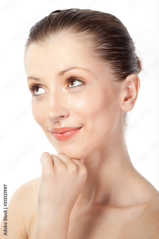 Portrait photo pensive girl holding hand near face