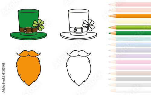 leprechaun red beard and hat with clover coloring book and pencils vector illustration EPS10