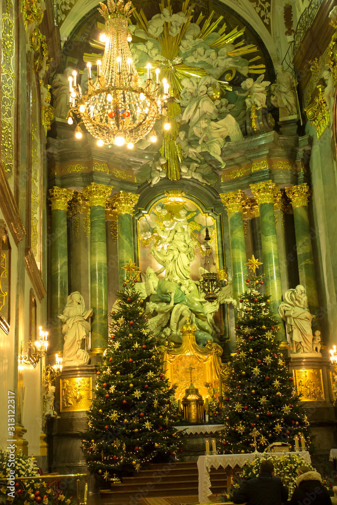 Czestochowa, Poland, January 1, 2020: Cathedral on Jasna Góra in Czestochowa decorated with Christmas trees and lights during Christmas.