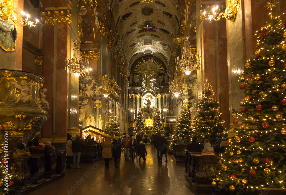 Czestochowa, Poland, January 1, 2020: Cathedral on Jasna Góra in Czestochowa decorated with Christmas trees and lights during Christmas.