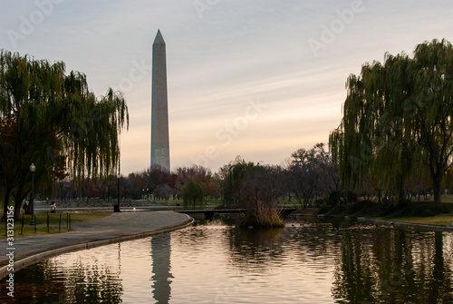 View of the Washington Monument at Sunset over Pond