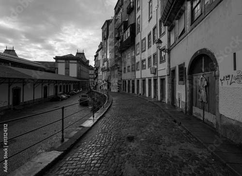 Madalena street in Porto. Walking in Portugal. Black white