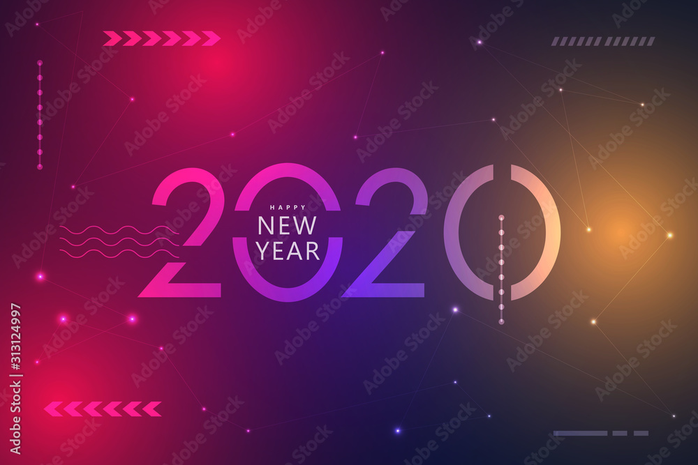 Happy new year 2020 design with futuristic technology background. Vector illustration