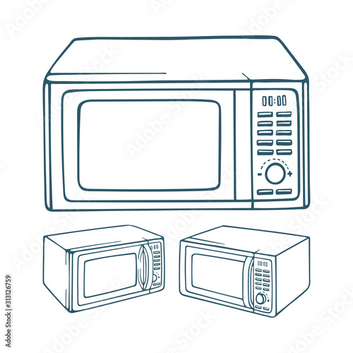 Microwave oven. Hand drawn microwave oven illustrations isolated on white background. Microwave oven sketch drawing collection. Part of set.