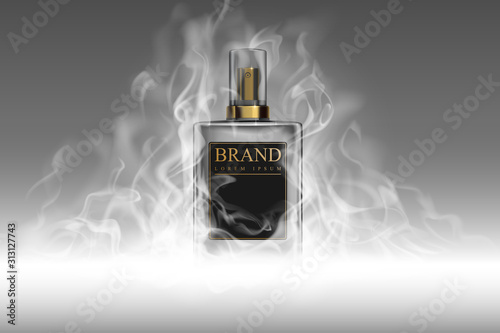 Realistic perfume bottle with smoke template