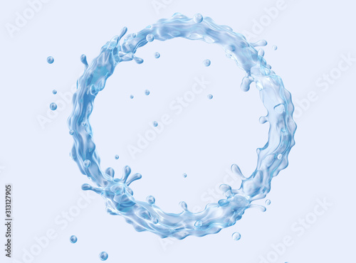 Fresh pure blue sparkling, mineral, micellar water splash. Clean water, liquid fluid wave in abstract splash form isolated, blue background. Healthy drink fluid 3D splash advertising design element