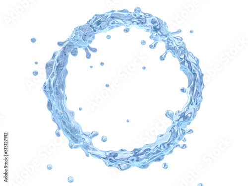 Fresh pure blue sparkling, mineral, micellar water splash. Clean water, liquid fluid wave in abstract splash form isolated, blue background. Healthy drink fluid 3D splash advertising design element
