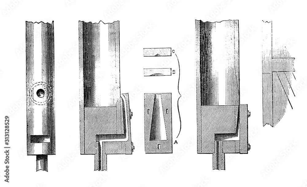 Organ Pipes profile drawings. Vintage Woodcutor engraved copper plate