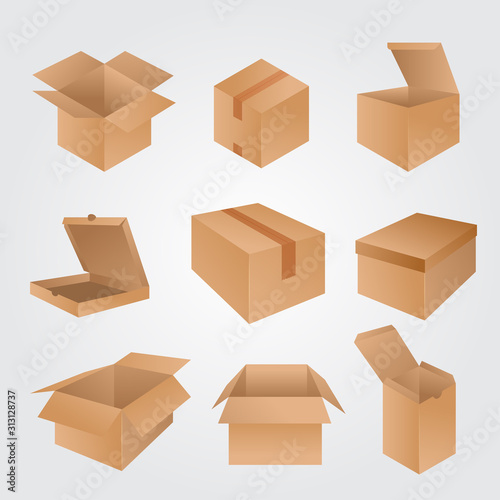 Set of cardboard boxes isolated on white background. Vector carton packaging box images.