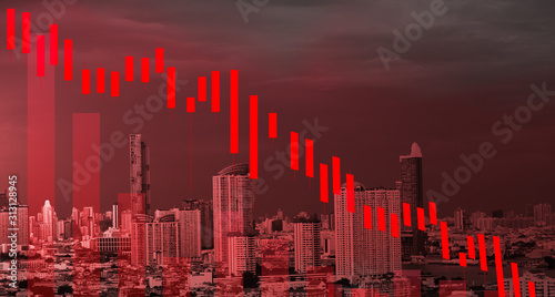 stock graph chart candlestick price down, stock exchange market bearish concept, red color background