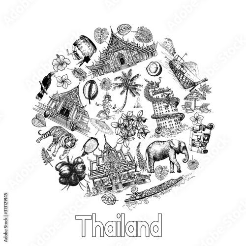 Poster card composition of hand drawn sketch style Thailand related objects isolated on white background. Vector illustration.