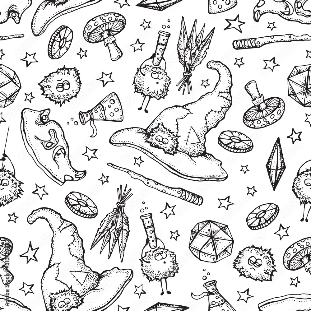 Seamless pattern of Magician and alchemy tools: skull, crystal, roots, potion, feather, mushrooms, hat. Halloween collection of witchcraft tools. Hand drawn vector illustration on white background