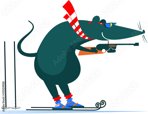 Biathlon competitor rat or mouse illustration. Shooting in the stand position biathlon competitor rat or mouse isolated on white