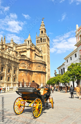 Horse carriage in the Seville Cathedral and Giralda Tower, Andalusia, Spain