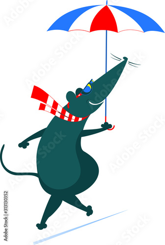 Fine day and rat or mouse with umbrella illustration.. Cartoon rat or mouse walking with an umbrella isolated on white 
