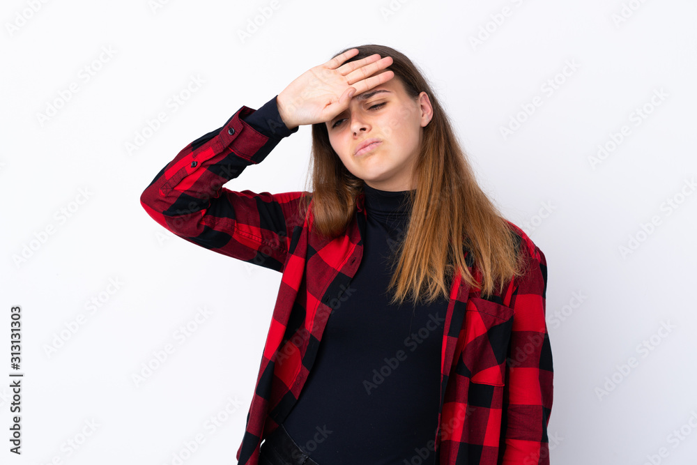 Teenager girl over isolated white background with tired and sick expression Teenager girl over isolated white background with tired and sick expression