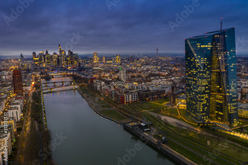 The central bank in Frankfurt am Main. Aerial view at sunset towards the city of Frankfurt with a view to the central bank. 03.01.2020 Frankfurt am Main Germany.
