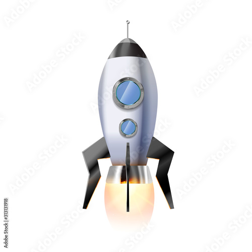 Cute cartoon rocket with illuminators and hot bright fire from nozzle, flying spaceship on white