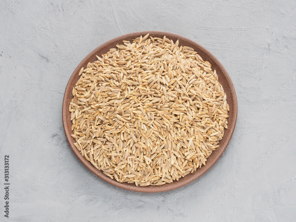 Spice cumin (jeera) in clay plate on gray concrete background. Indian cuisine, ayurveda, naturopathy concept Spice cumin (jeera) in clay plate on gray concrete background. Indian cuisine, ayurveda, naturopathy concept