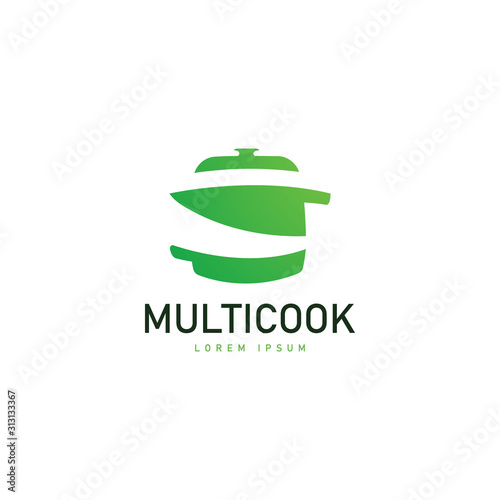 Cooking pot symbol with knife and kitchenware logo template vector for food, culinary, cafe, restaurant business
