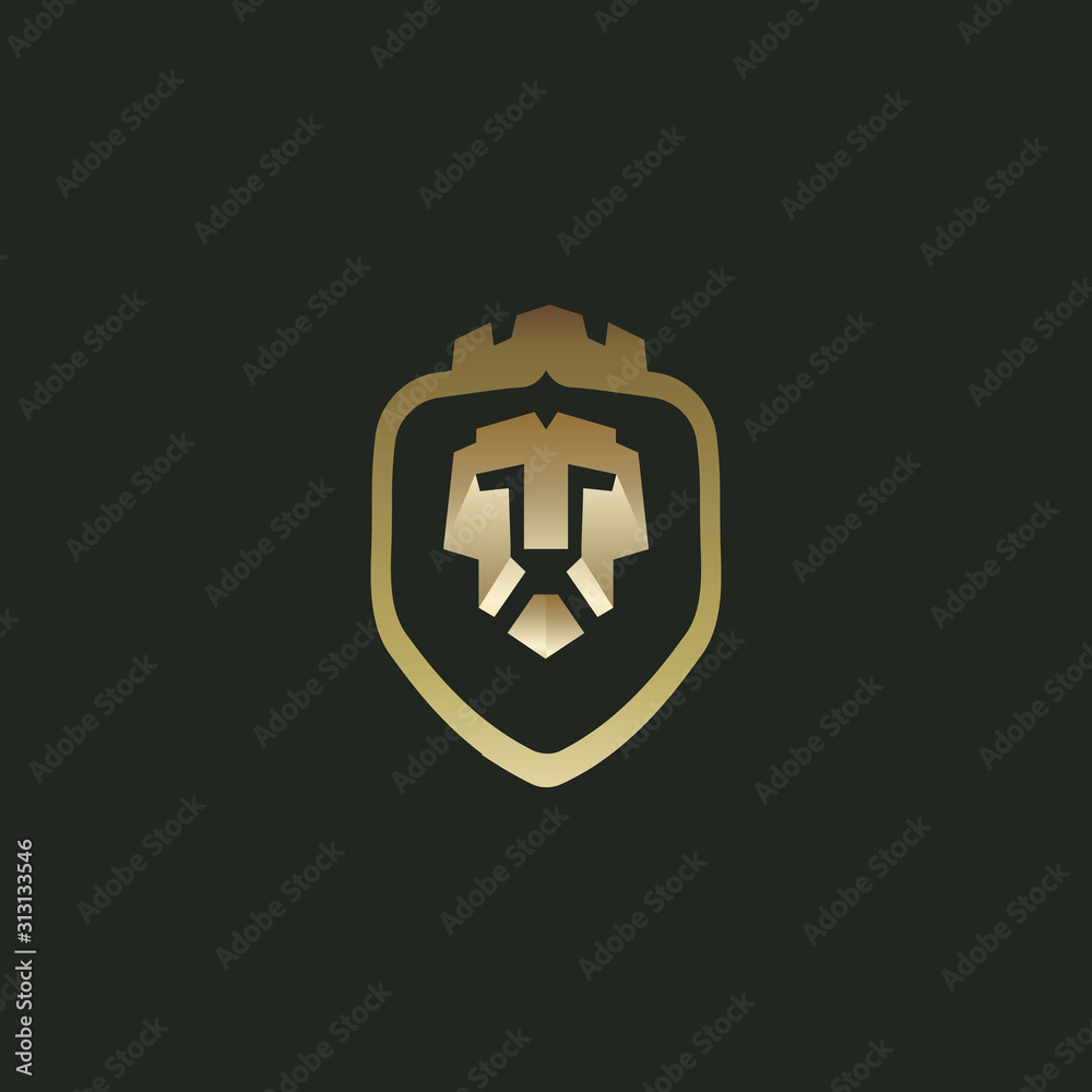 Obraz premium Luxurious premium gold crown Lion face logo template with shield shaped beard