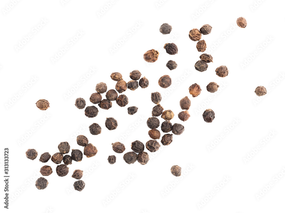 A bunch of peppercorns black pepper spices on white isolated background. Indian cuisine, ayurveda, naturopathy concept A bunch of peppercorns black pepper spices on white isolated background. Indian cuisine, ayurveda, naturopathy concept