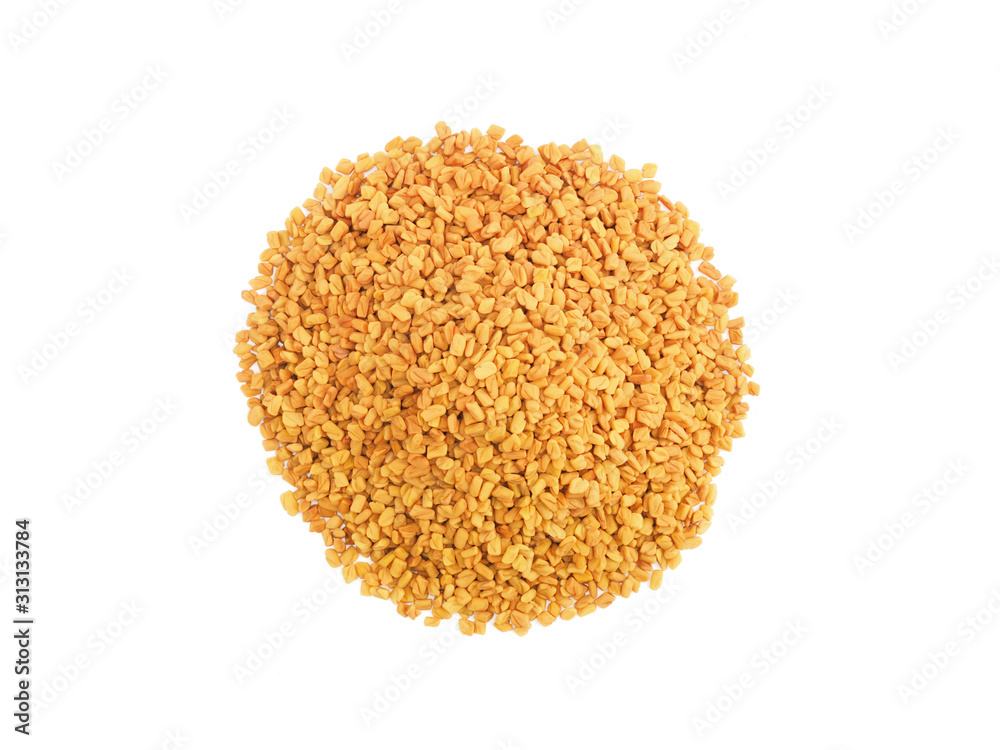 A round bunch of fenugreek on white isolated background. Indian cuisine, ayurveda, naturopathy concept A round bunch of fenugreek on white isolated background. Indian cuisine, ayurveda, naturopathy concept