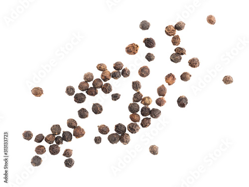 A bunch of peppercorns black pepper spices on white isolated background. Indian cuisine, ayurveda, naturopathy concept