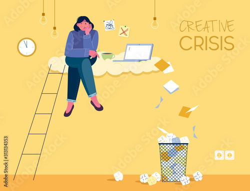 Vector illustration shows a girl who has lost inspiration and of reative crisis