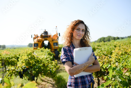 cheerful young woman agriculture engineer in a vineyard before grape harvest photo
