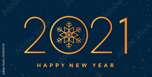 Happy new  year 2021! Holiday vector illustration of golden numbers and text. Festive poster or banner on isolated blue background
