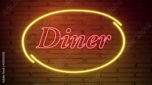 Diner neon sign on the brick wall.. Retro light sign. Food background. American food. Dark background. Black friday background. Pink background. Night club neon sign. 4k photo