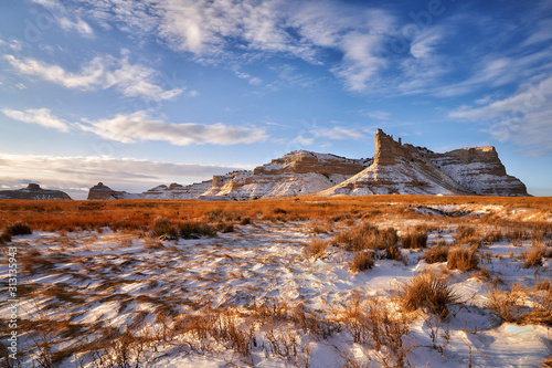 Winter scenery of mountain, snow and plants
