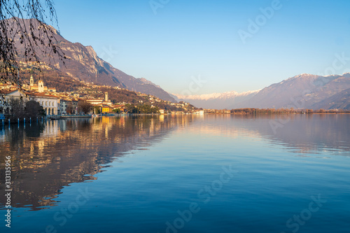 amazing view of Iseo lake from the city of Lovere with copy space,Bergamo,Lombardy Italy.