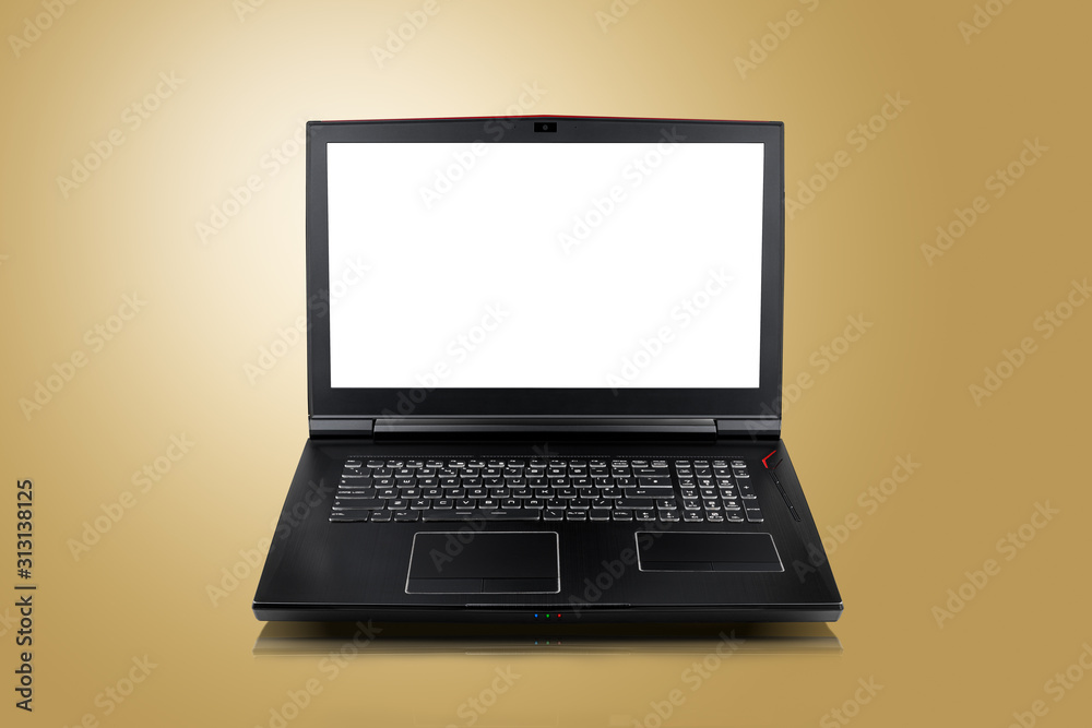 Front view of Gaming laptop on golden yellow background. Laptop designed for gamers or professional players or 3d rendering