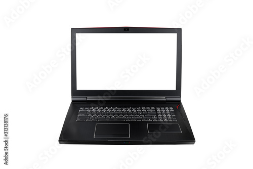 Front view of Gaming laptop on white isolated background. Laptop designed for gamers or professional players or 3d rendering