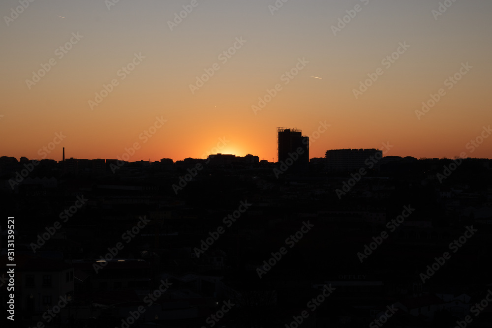 Panoramic silhouette of buildings and trees in the city at sunset in orange tones.