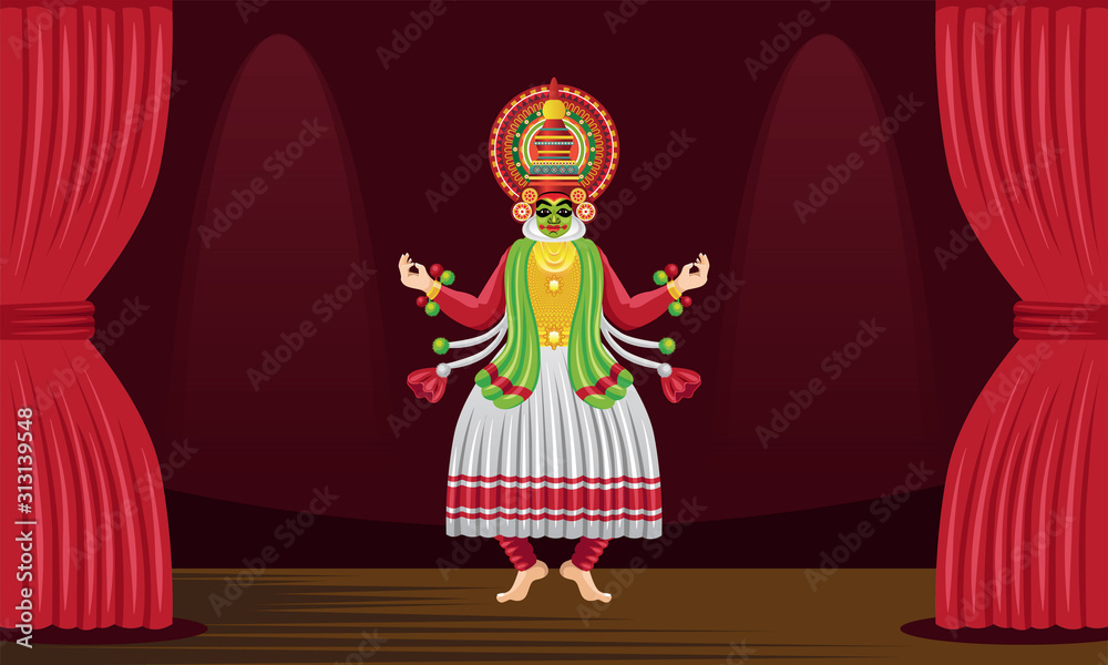 traditional kathakali dancer performing dance on stage, classical dance india vector