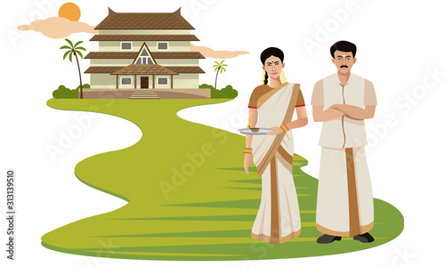 south indian traditional kerala man and woman standing in front of house vector