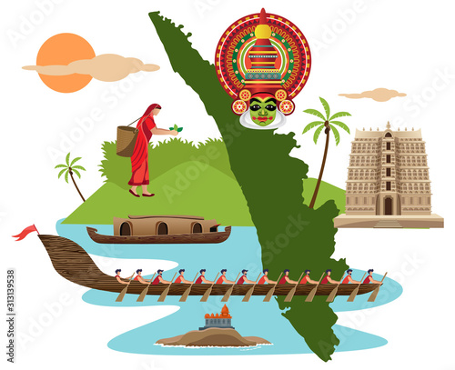 traditional activity collage of kerala with map vector photo