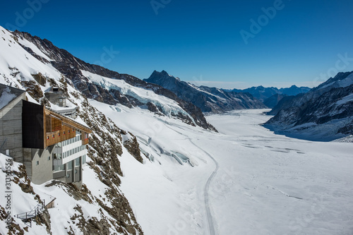 View on the Jungfraujoch observation station and Aletsch Glacier