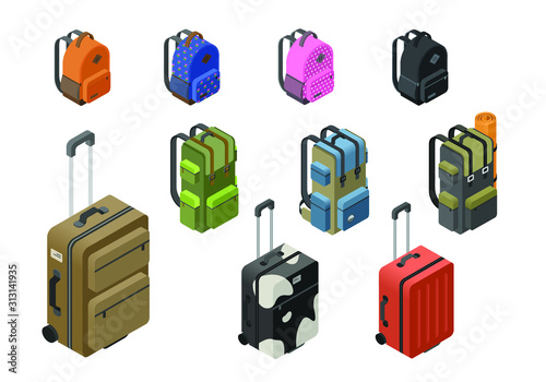 Vector isometric set of baggage items, school and touristic backpacks, suitcase
