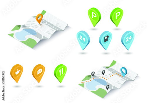 Vector isometric illustration of map with geo tag pin icons. Travel location sign 