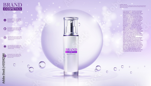 Violet cosmetic products with Drop of water on purple background.
