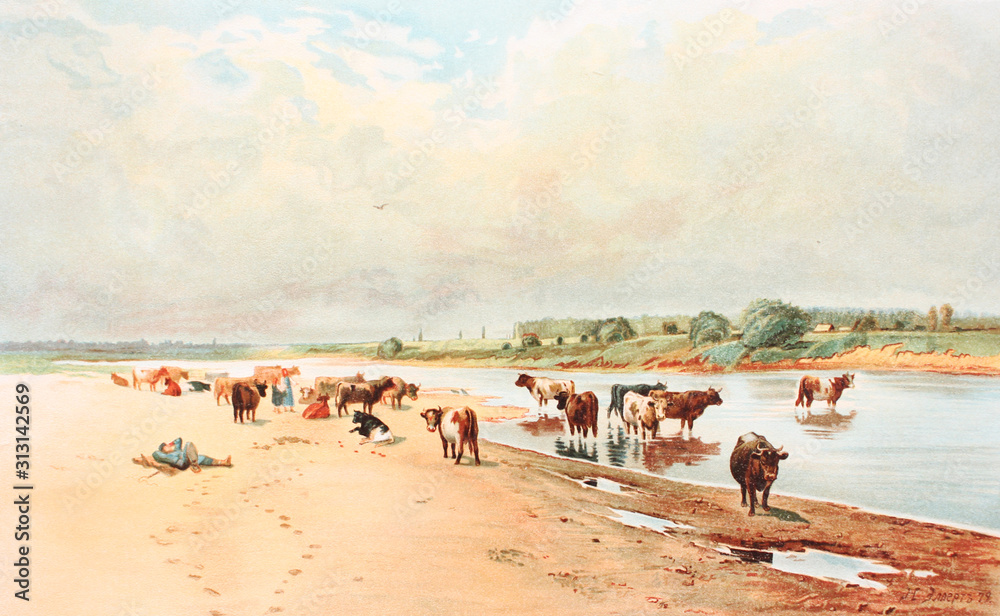 Cows graze at the beach of the river in Herd of cows by Ellert in a vintage book gallery of Russian Painters, 1891, St. Petersburg Cows graze at the beach of the river in Herd of cows by Ellert in a vintage book gallery of Russian Painters, 1891, St. Petersburg