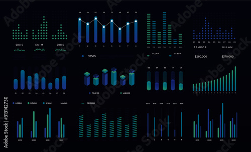 Modern ui infograph statistic elements. Vector data visualization graphs and bars, charts and diagrams for presentation. Business workflow processes, creative infographic design template