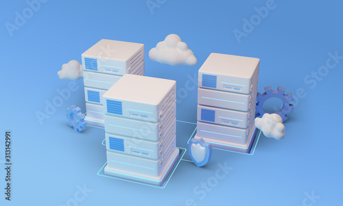 Cloud data center with hosting servers. Computer technology, network and database. 3d render