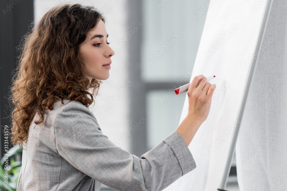 side view of attractive account manager writing on flipchart in office side view of attractive account manager writing on flipchart in office